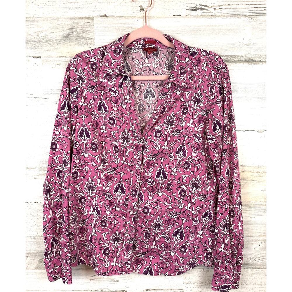 Talbots Pink Burgundy Floral Button Up Shirt Womens 12 Casual Feminine